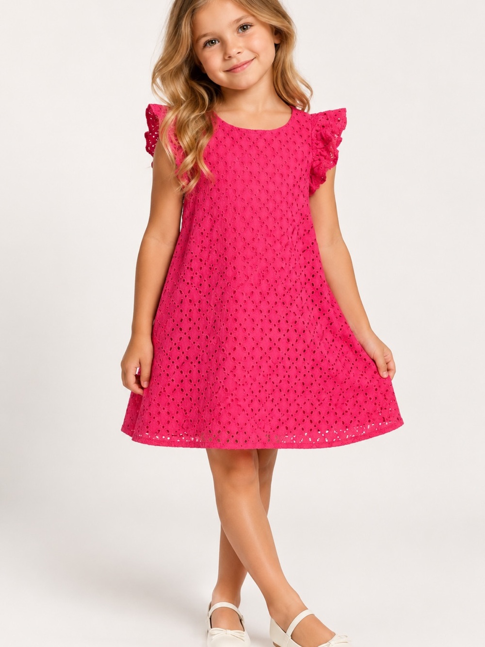 Polo Ralph Lauren Girls Size 5 Pink Eyelet Embroidered Dress Ruffle Sleeves